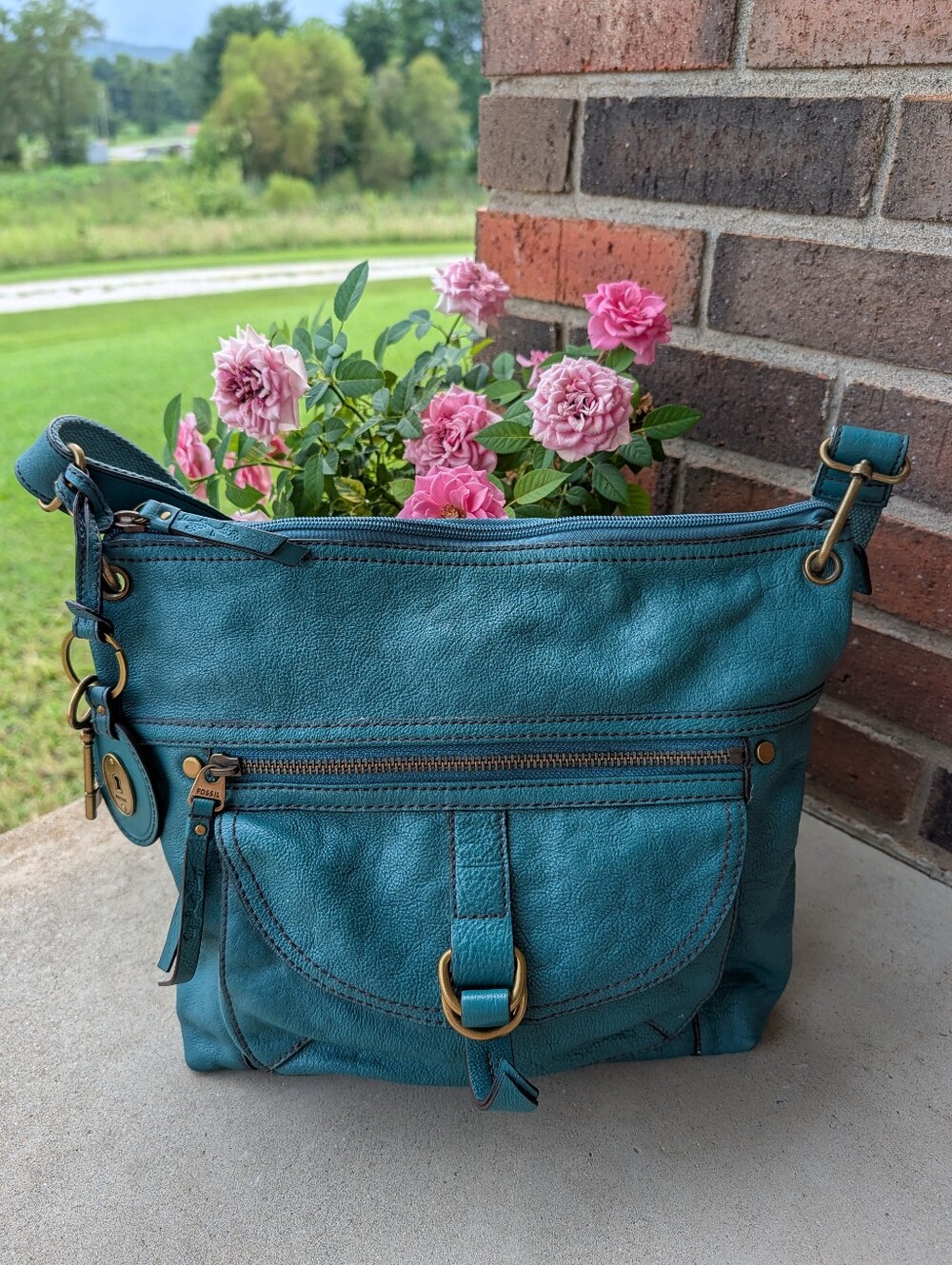 Fossil Teal Leather Crossbody Bag with Brass Hardware